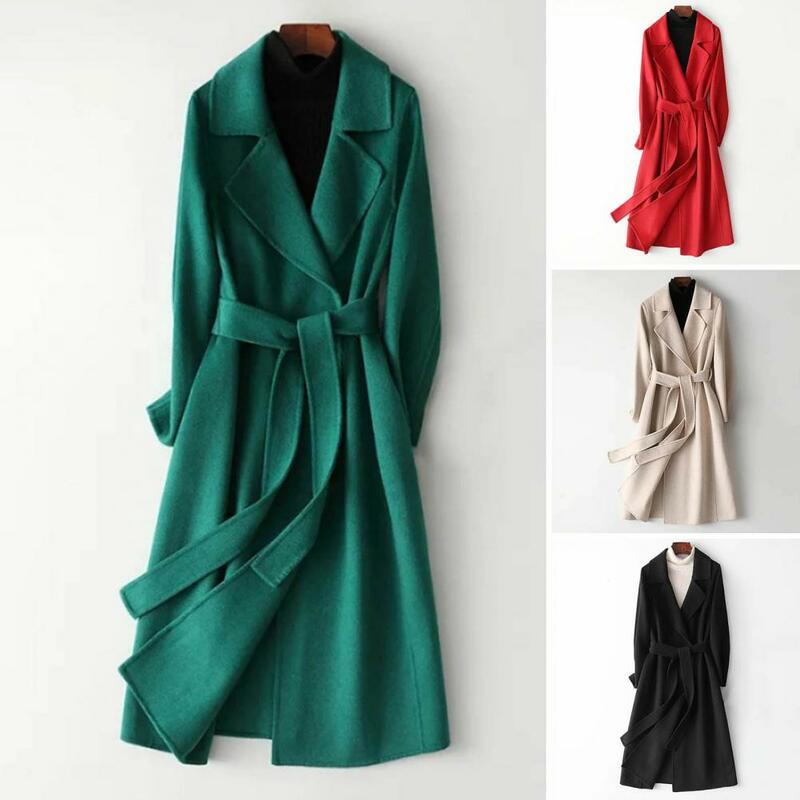 Mantel wol wanita, Mantel setengah panjang dengan pinggang dapat disesuaikan cantik mantel wol ramping pas dengan kerah untuk musim gugur