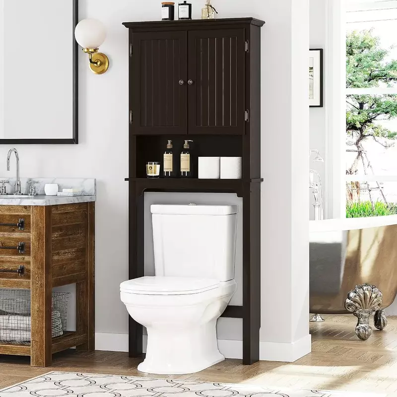 Portaoggetti da bagno sopra la toilette, Organizer per mobile da bagno con ripiani regolabili e doppie ante, salvaspazio per bagno in legno