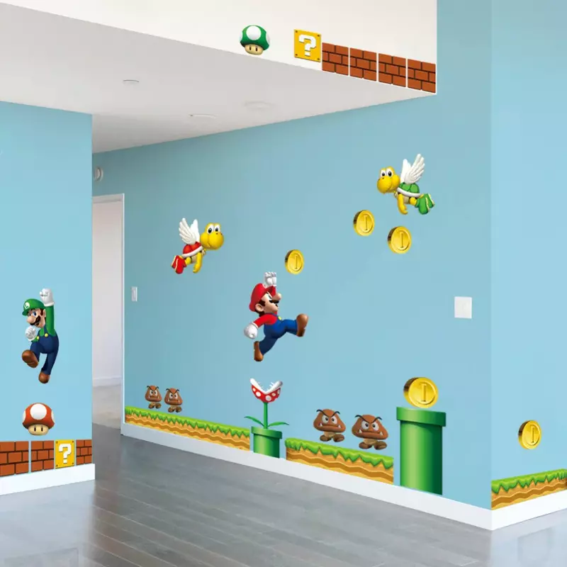 Kreskówka Super Mario naklejki ścienne Mario wymienny śliczne naklejki figurki Anime zabawki sypialnia salon przedszkole dzieci prezent