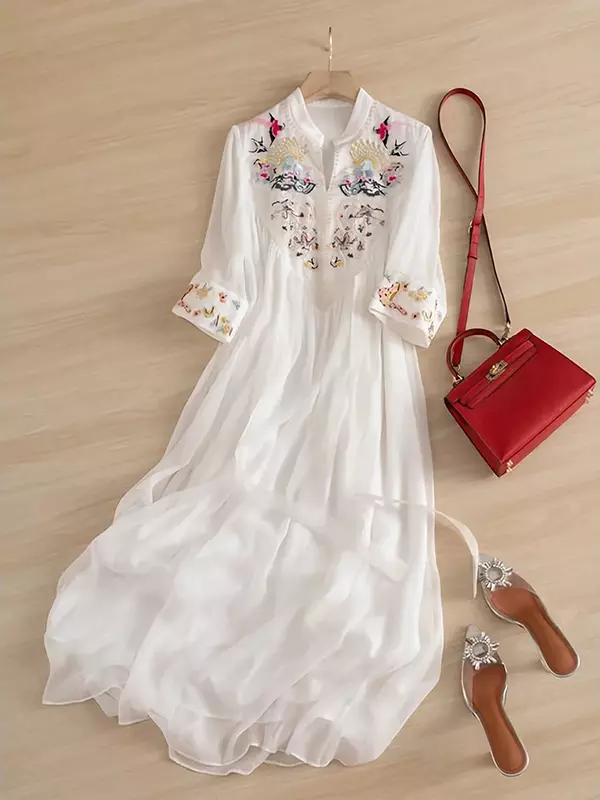 2024 New Summer Chinese Style Embroidery Chiffon Dress National Art Chic Women White Loose Casual Ethereal Pleated Long Dresses