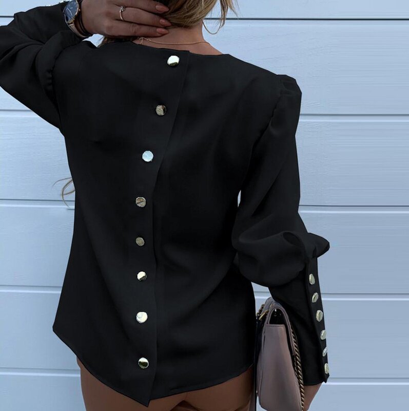 Blusa holgada de manga larga con cuello redondo para mujer, camisa de decoración con hebilla de Metal, Color sólido, Túnica de temperamento