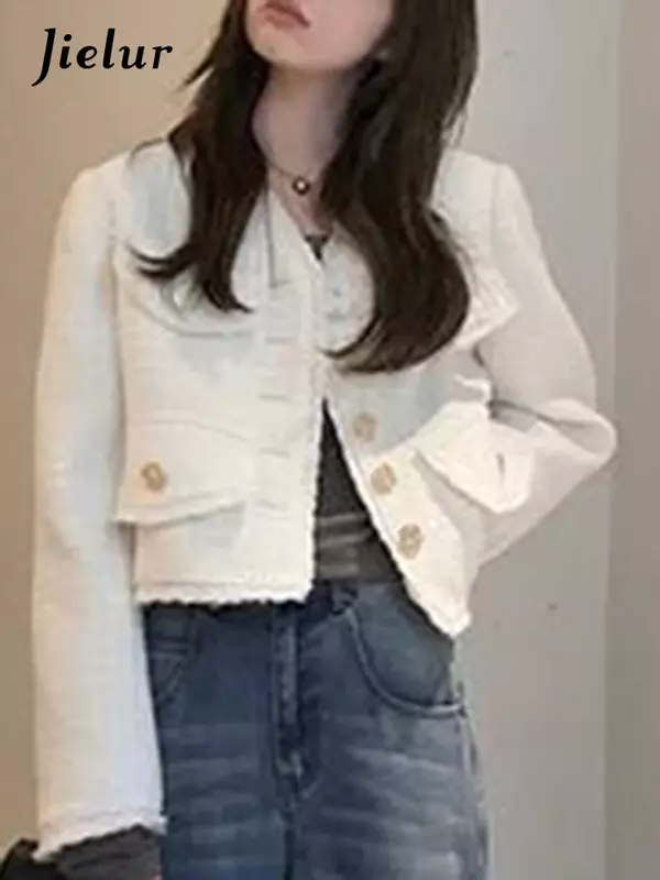 Jielur Winter Büro Dame Mode weibliche Jacken Streetwear V-Ausschnitt einfache reine Farbe einreihige gefälschte Taschen Frauen Jacken