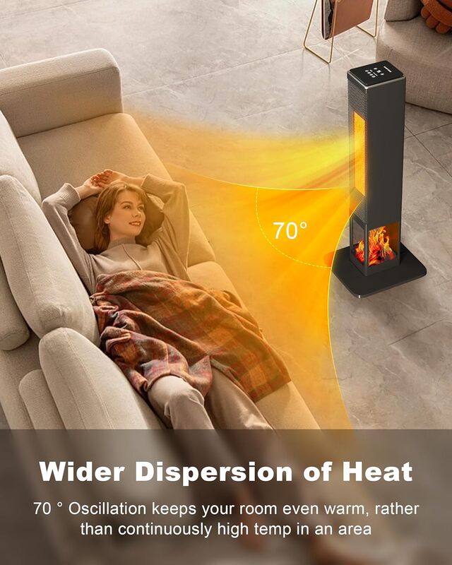 Space Heater for Indoor Use Large Room, Tower Space Ceramic Heater with Flame, 24H Timer, Thermostat, Remote