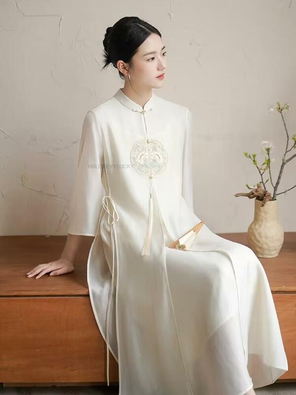 Gaun gaya Cina Zen Qipao wanita bordir baru musim panas Cheongsam elegan wanita Hanfu Vintage Pakaian tradisional Tiongkok