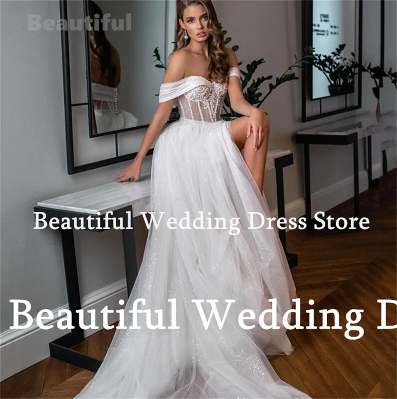 Simple Wedding Dress For Women Off-Shoulder Sleevelss With Flowers A-Line Pure Plain Satin Vestidos New White Split Bridal Gown