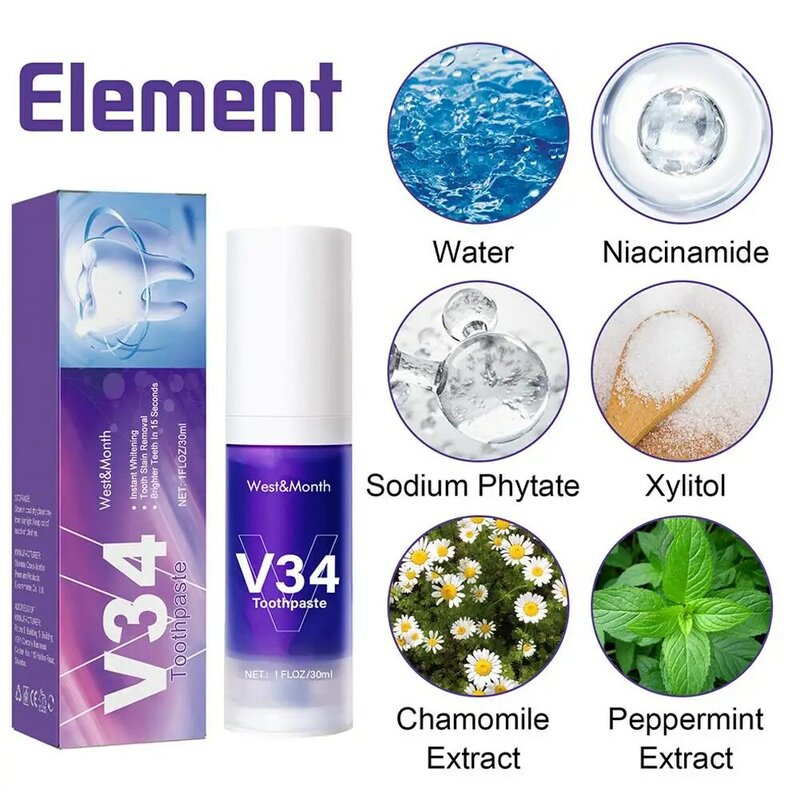V34 Whitening Teeth Toothpaste Color Corrector Oral Cleaning Care Brightening Enamel Repair Fresh Breath Remove Stain Toothpaste