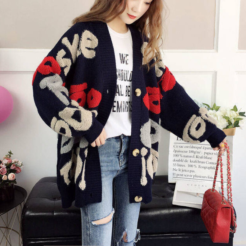 Winter knitted letter cardigan sweater coat 2023 new thickened cute cartoon embroidery V-neck cardigan women's jacket