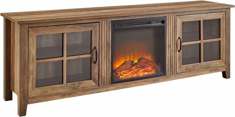 New Classic 2 Glass Door Fireplace TV Stand for TVs up to 80 Inches, 70 Inch, Rustic Oak  | USA | NEW