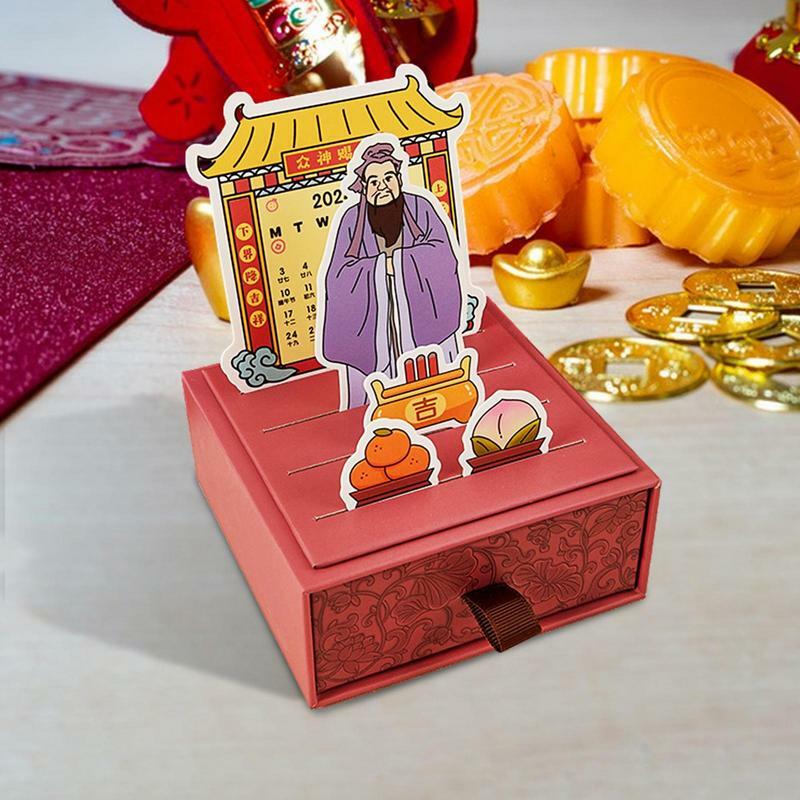 Calendario de escritorio de Dios de la riqueza, cajón de almacenamiento portátil, decoración de escritorio de bendición, Año Nuevo, 2024