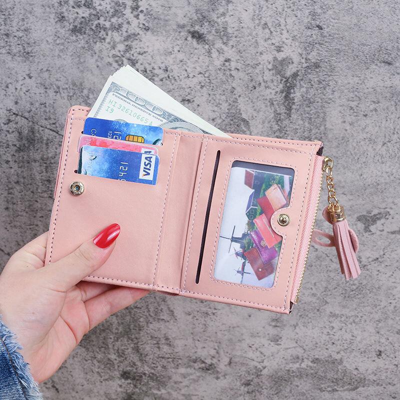 Krótki damski portfel zamek błyskawiczny portfel z frędzlami studencka koreańska wersja zszywana w kontrastowym kolorze moda portmonetka torba na karty