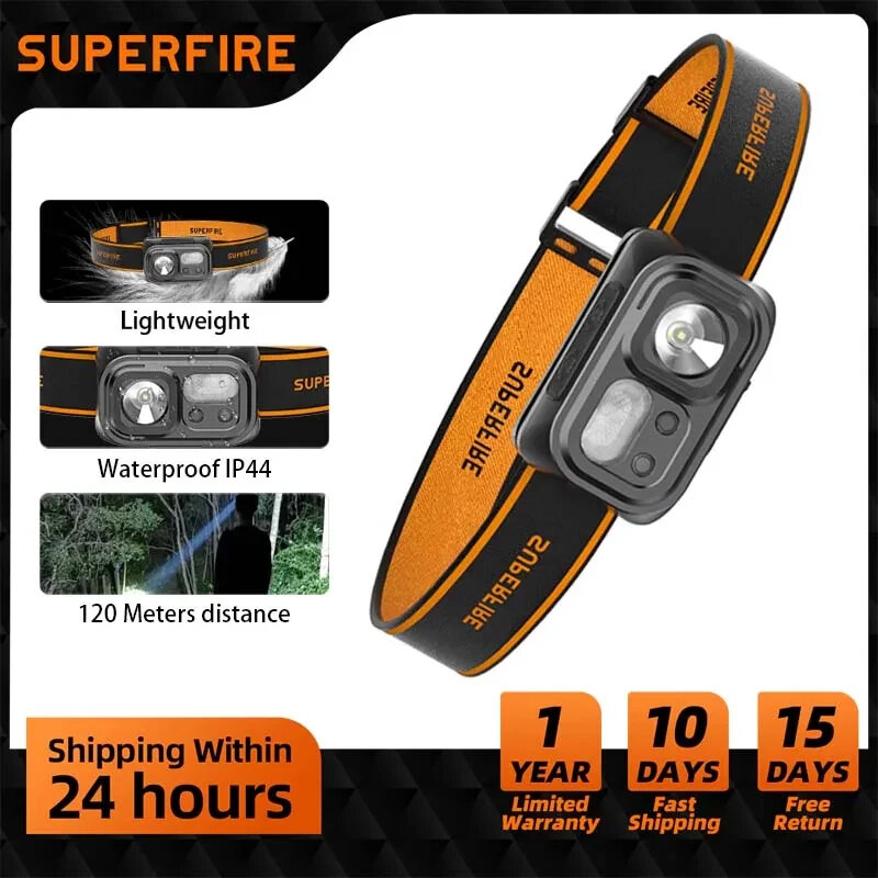 SUPERFIRE-Mini farol recarregável para trabalhar, farol poderoso, farol para caminhadas, camping, USB C, sensor de LED, lâmpada frontal para trabalhar