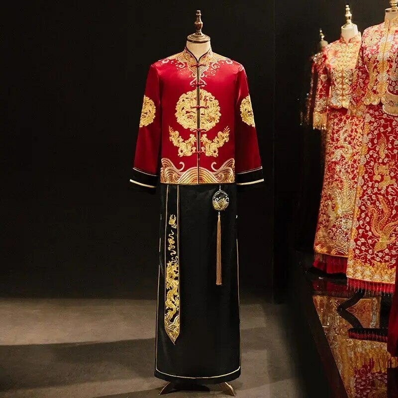 Yourqipao-Conjuntos de roupas do noivo chinês para homens, Xiuhe, jaqueta dragão e fênix, vestidos de casamento, casaco nupcial, tamanho grande, terno tang