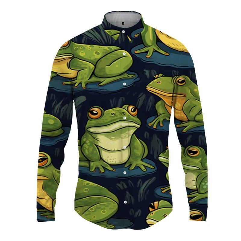 Chemises à manches longues avec impression 3D de grenouille drôle pour hommes, t-shirt graphique Animel, vêtements à la mode, chemise longue à revers, chemise boutonnée, haut, zones me