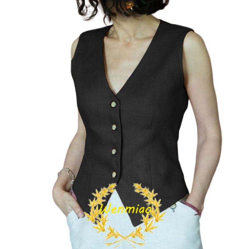 Chaleco de traje con cuello en V para mujer, chaqueta sin mangas con 4 botones, moda de verano