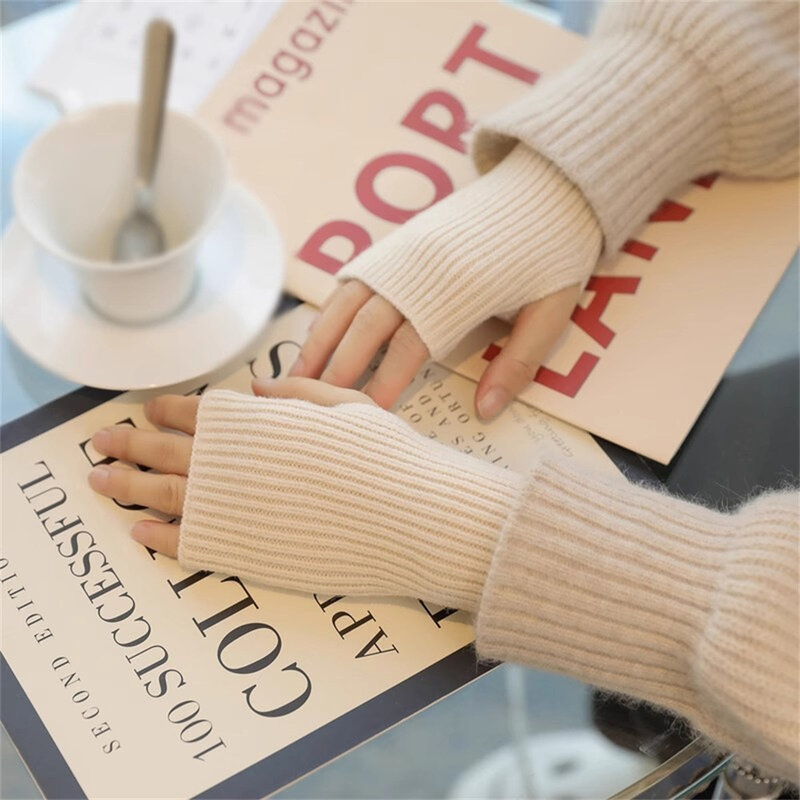 1 пара осенне-зимние перчатки с коротким рукавом на полпальца для женщин однотонные вязаные перчатки без пальцев теплые варежки для рук