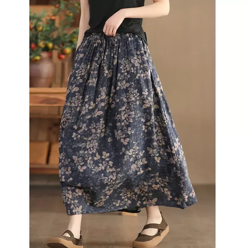 花柄の女性用空中ブランコスカート,足首までの長さの伸縮性のある綿とリネンの衣服,夏のノベルティ2022