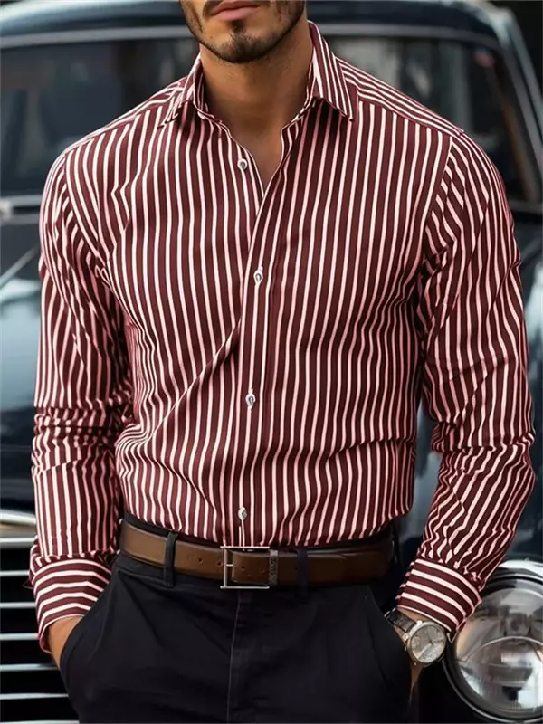 Camiseta masculina de botão, manga comprida, lapela listrada, roupa de resort diária, tops casuais, preto, vermelho, azul, elegante