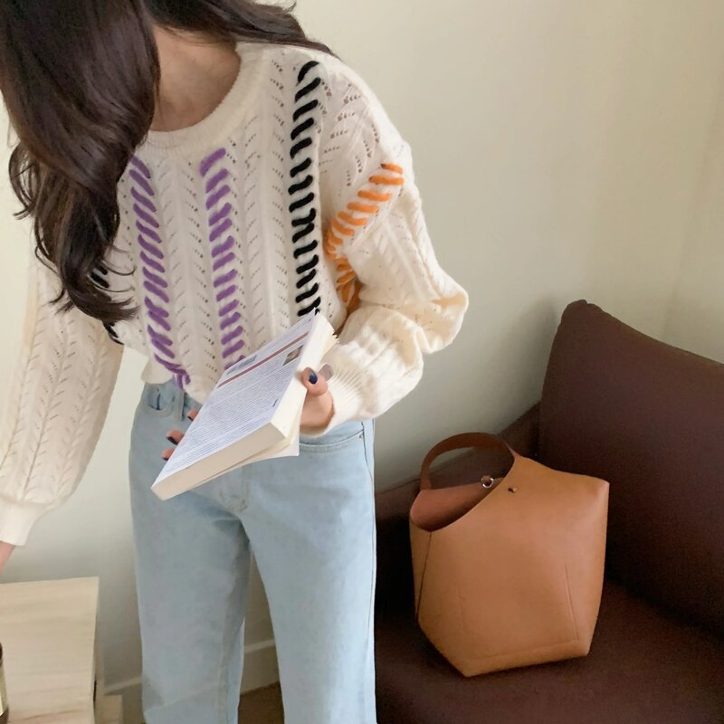 Hit kolorowy patchworkowy sweter z wycięciami koreański długi rękaw z okrągłym dekoltem i okrągłym dekoltem kobiety dzianinowy Top jesienno-zimowa odzież typu Pull Femme