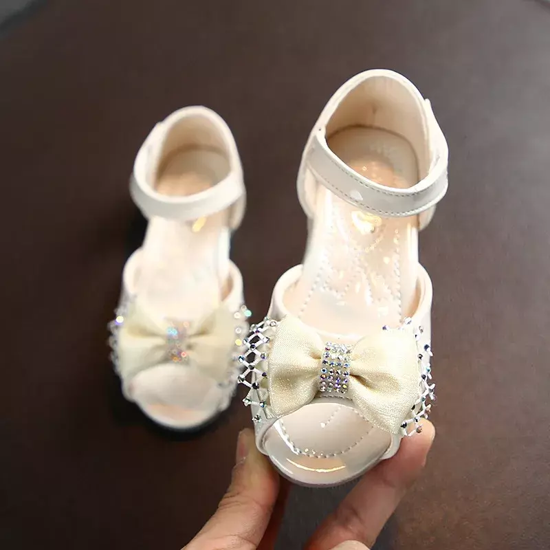Sapatos de princesa arco doce feminino, Moda infantil, Sandálias Peep Top para festa, Casamento, Sapatos de couro infantil com strass colorido