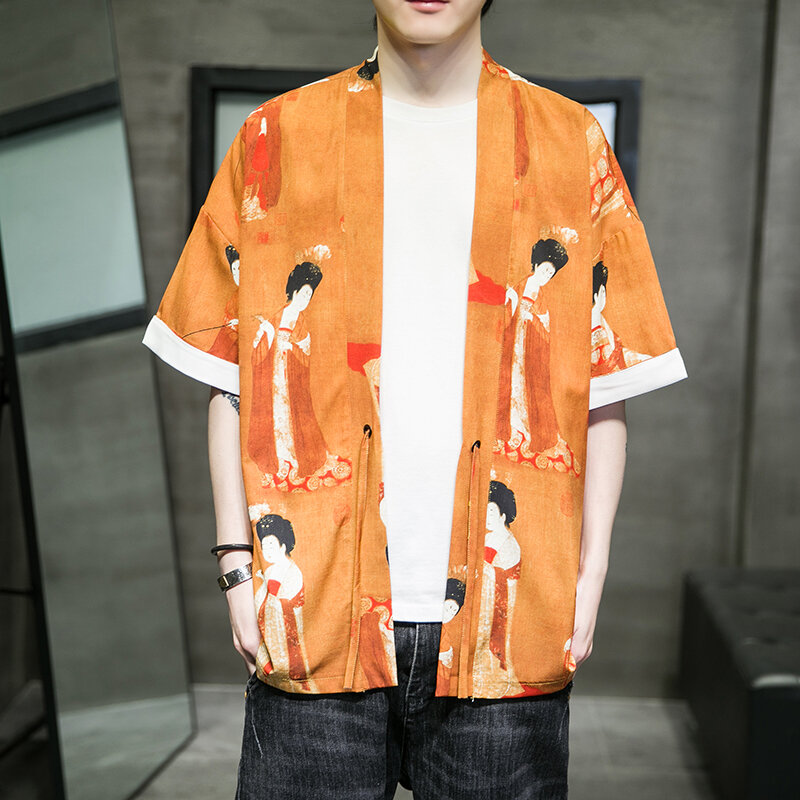 Mode Kostuum Chinese Painting Hanfu Mens Chinese Stijl Gewaad Vest Jas Oversized Kimono 5xl Oude Jas Man