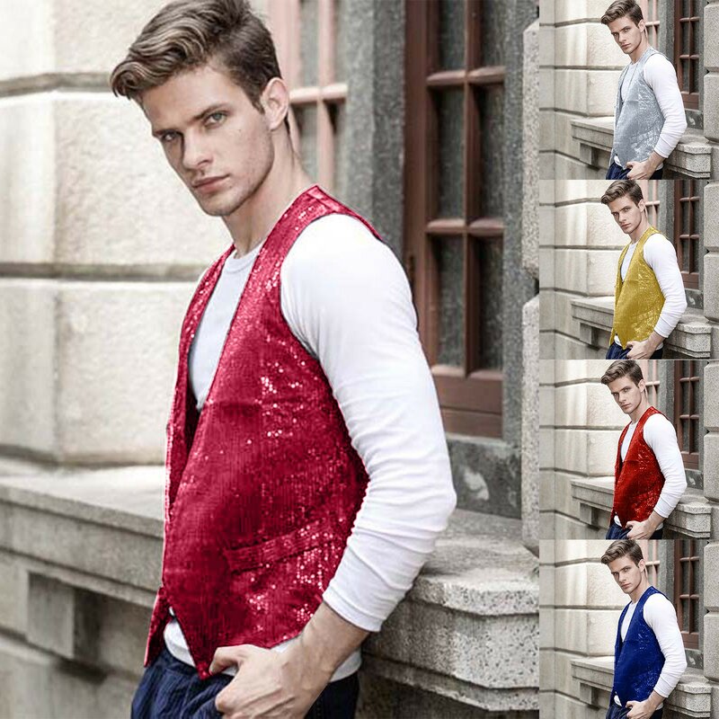 Men's Sequin Suit Vests Slim Fitting Business Wedding Sleeveless Tanks Solid Color V Neck Pocket Button Men's Outerwear Vests