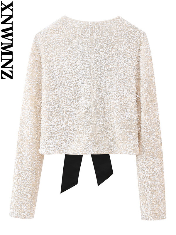 XNWMNZ-Chaqueta de lentejuelas con lazo frontal para mujer, abrigo elegante de manga larga con cuello redondo y cintas anchas de grogrén, 2023