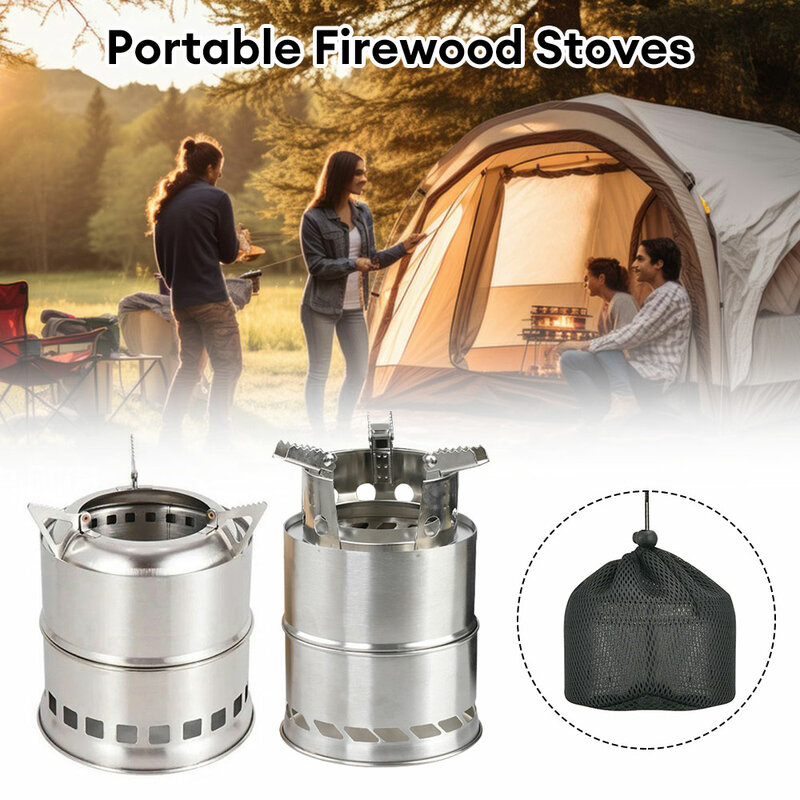 Portable Outdoor Camping Stove Wood Burning Mini Lightweight Stainless Steel Stove Picnic BBQ Cooker Travel Adventure Tools