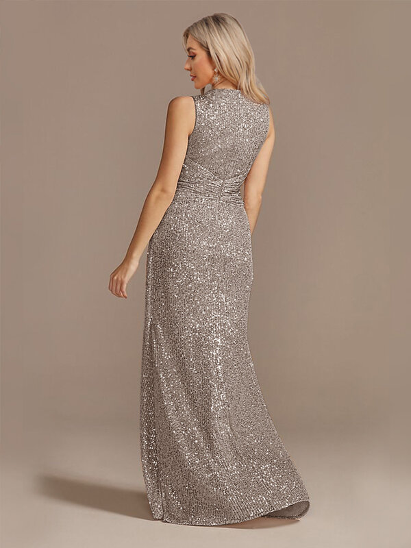 Lucyinlove-Vestido feminino luxuoso com decote em v, fenda elegante, festa de casamento, baile formal, vestido de coquetel, lantejoulas, 2024