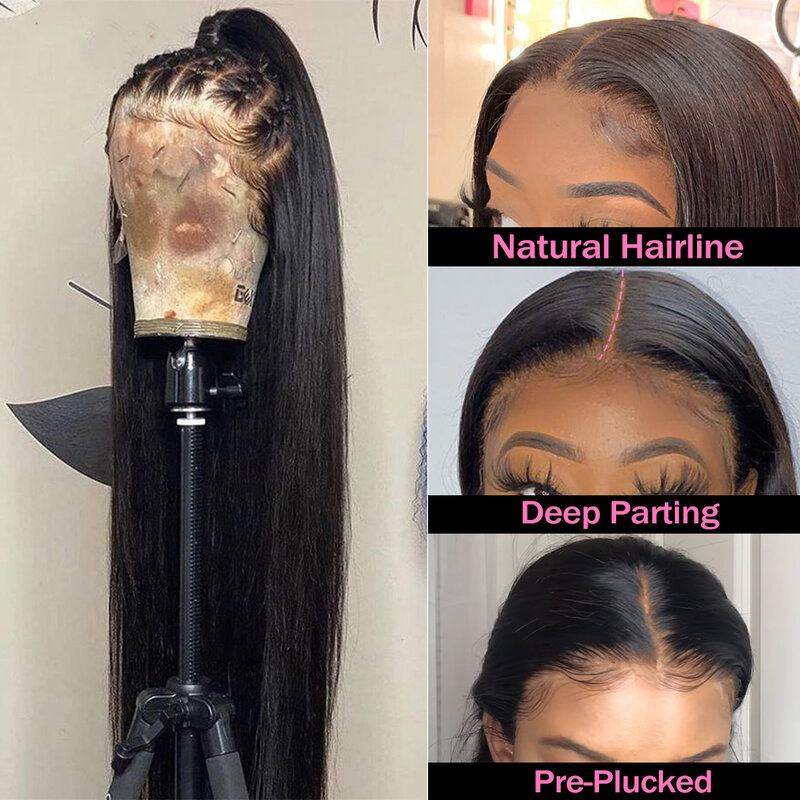Peluca Frontal de encaje transparente para mujer, cabello humano liso brasileño, línea de cabello prearrancada, 13x6, HD, a la venta