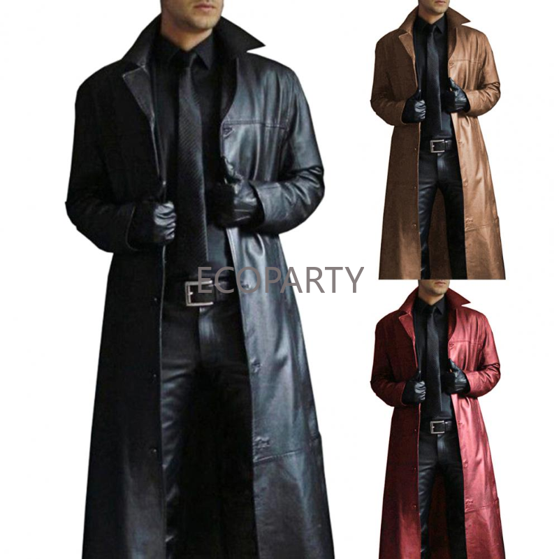 2023 New Men's Leather Jacket Solid Color Single-breasted Autumn and Winter Long-sleeved Lapel Coat Coat Men's Leather Trench