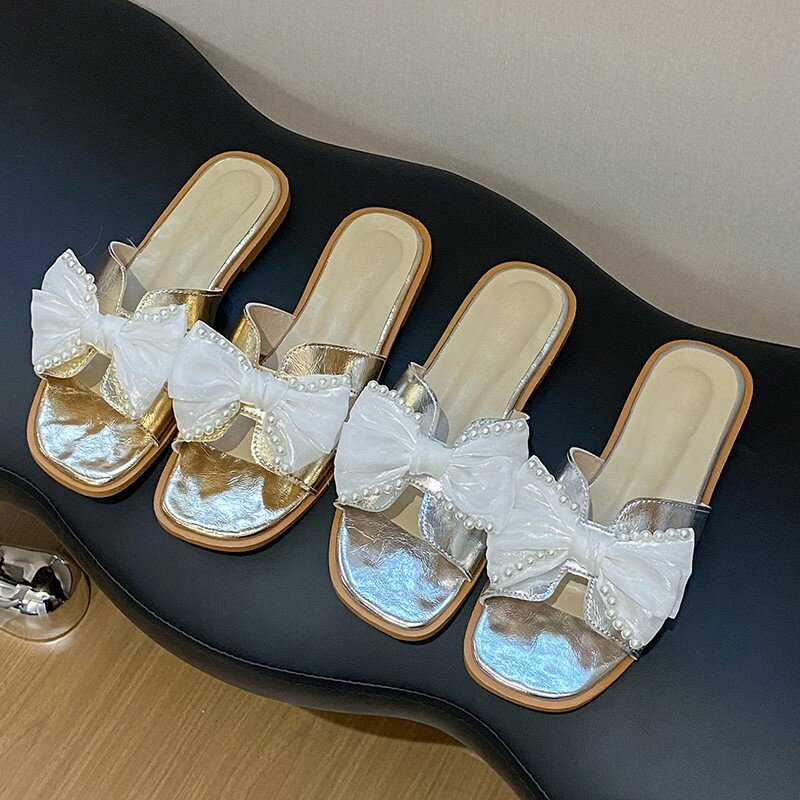 Zapatillas de alta costura para mujer, zapatos de punta cuadrada, suela plana, exteriores, versátiles, con lazo, para verano, 2024