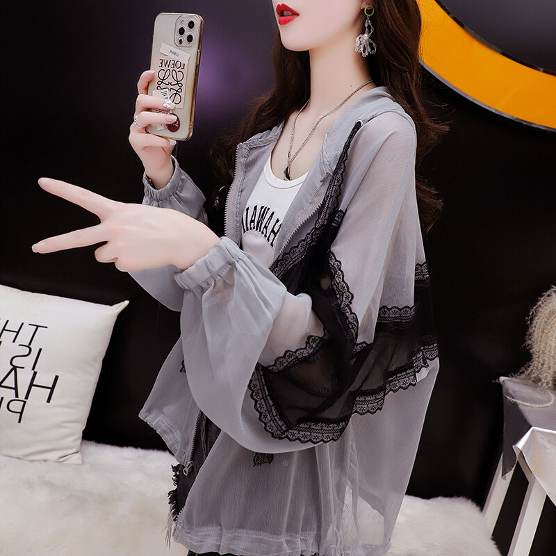Sexy Lace Patchwork Hooded Chiffon Button Up Shirt for Women Summer Casual Loose Long Sleeve Ladies Tops Blouses Clothing R14