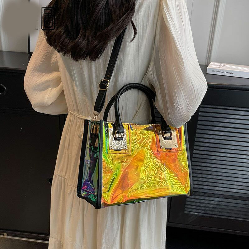 Прозрачная сумка для женщин, портативная прямоугольная дамская сумочка на плечо с большой вместимостью, с лазерным принтом желе, с диагональным крестом