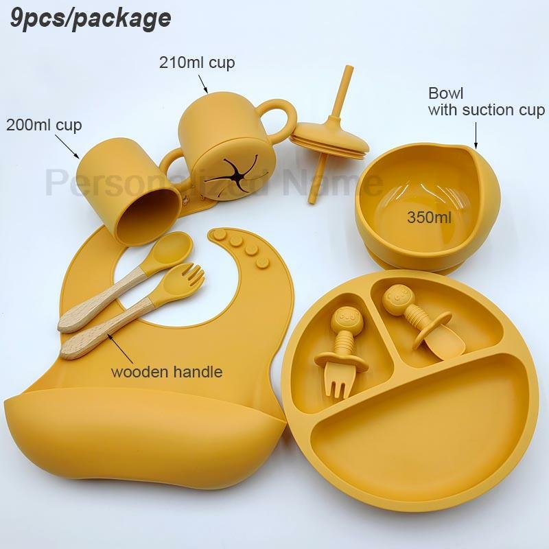 9Pcs Baby Silicone Feeding Sets Suction Cup Bowl Dishes Kids Spoon Fork Feeding Snack Cup Personalized Name Baby's Tableware