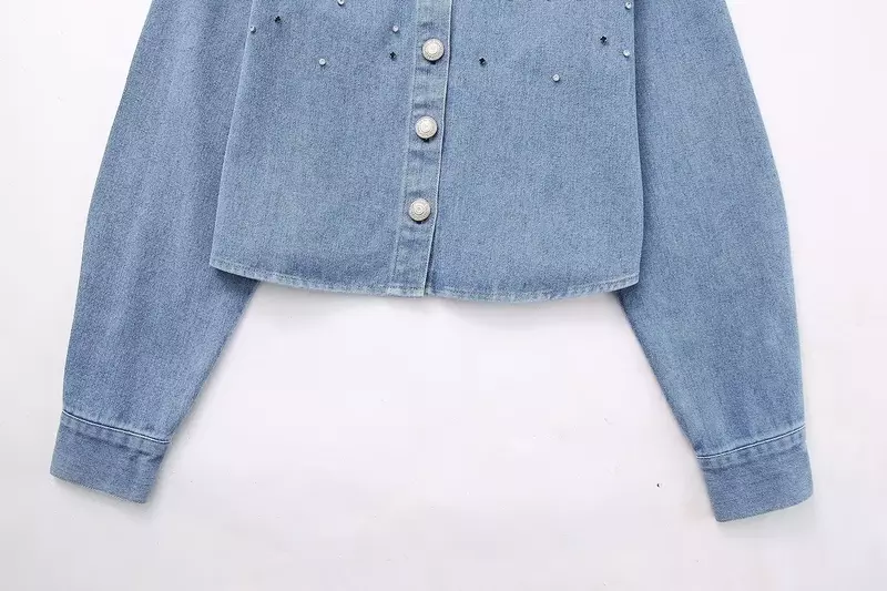 Women 2023 New Fashion Rhinestone decoration Cropped Slim Denim Blouses Vintage Long Sleeve Button-up Female Shirts Chic Tops