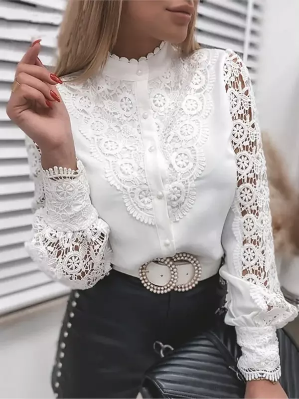 2024 Vrouw Blouses Lange Mouwen Mode Vintage Witte Kant Herfst Knopen Bloemenprint Tops En Dames Shirts Top Femme Shirt