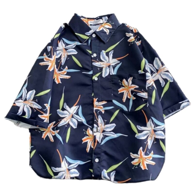 Летняя мужская Тонкая рубашка с коротким рукавом и цветочным принтом, модная красивая Повседневная приталенная Гавайская пляжная рубашка для отпуска, куртка