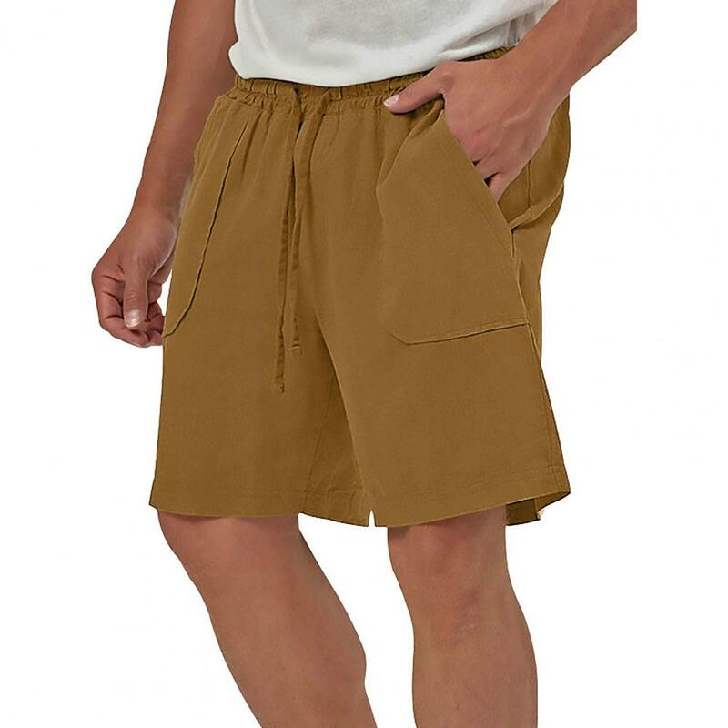 Shorts esportivos com cordão masculino, ajuste solto, bolsos com elástico na cintura, roupa diária casual, monocromático, atividades de verão