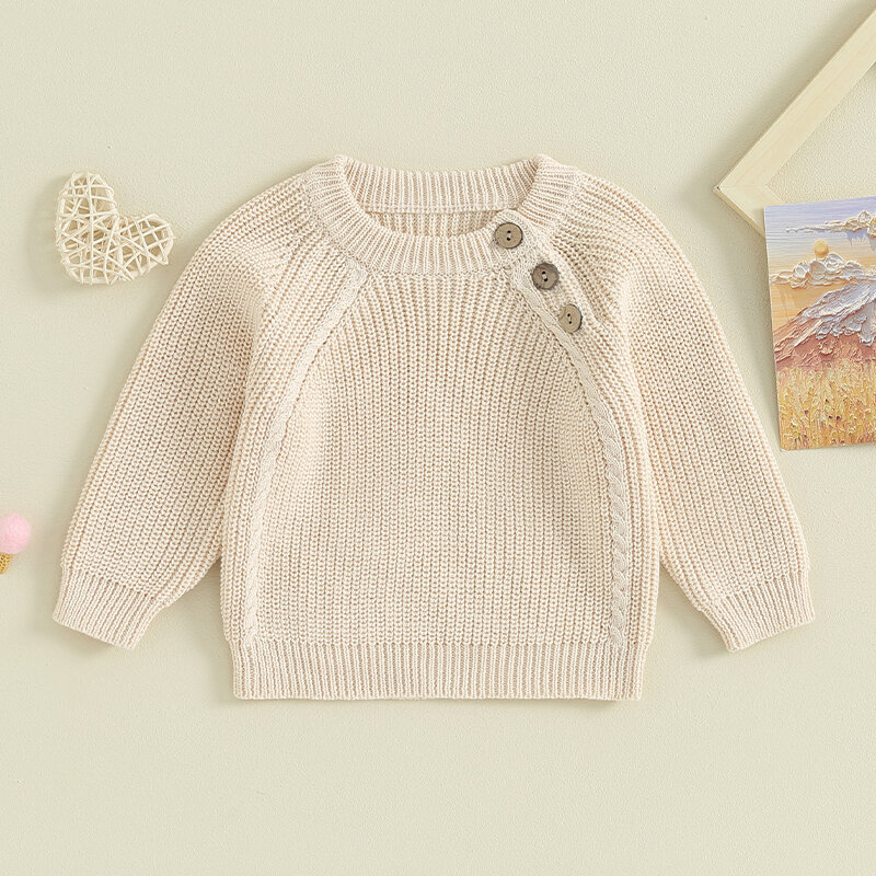 Toddler Newborn Baby Boy Girl Outfit Button Chunky Knit Sweater Long Sleeve Crewneck Tops Fall Winter Clothes