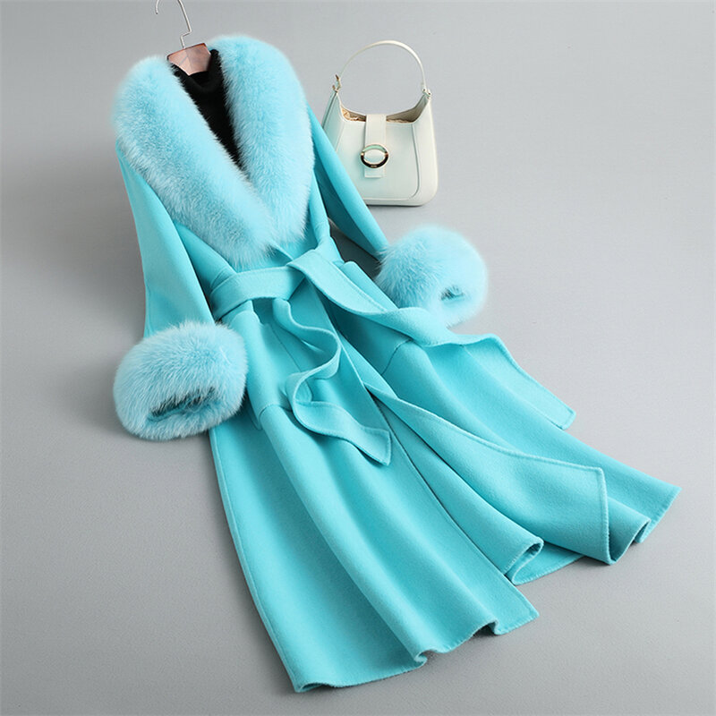Aorice – manteau d'hiver en laine et fourrure de renard pour femme, veste de luxe, Long, grande taille, Parka, Trench, CT2133