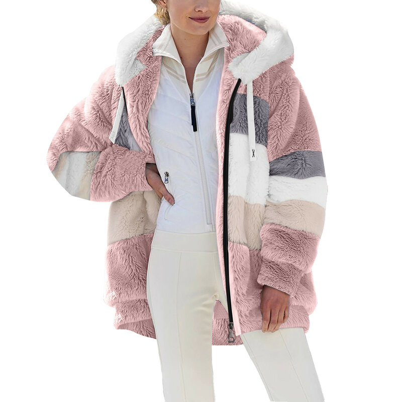 Jaket crop palsu wanita, Luaran bulu lembut lengan panjang, blok warna kasual ukuran besar musim gugur dan dingin