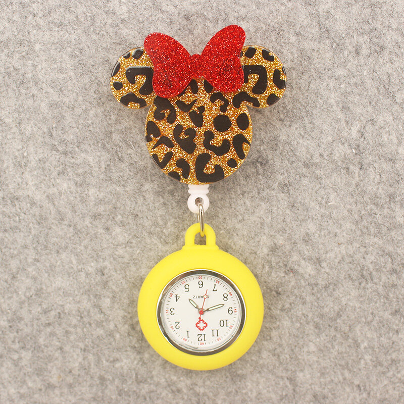 Reloj de bolsillo con estampado de leopardo para hombre y mujer, accesorio retráctil con bonito lazo y ratón, con Clip