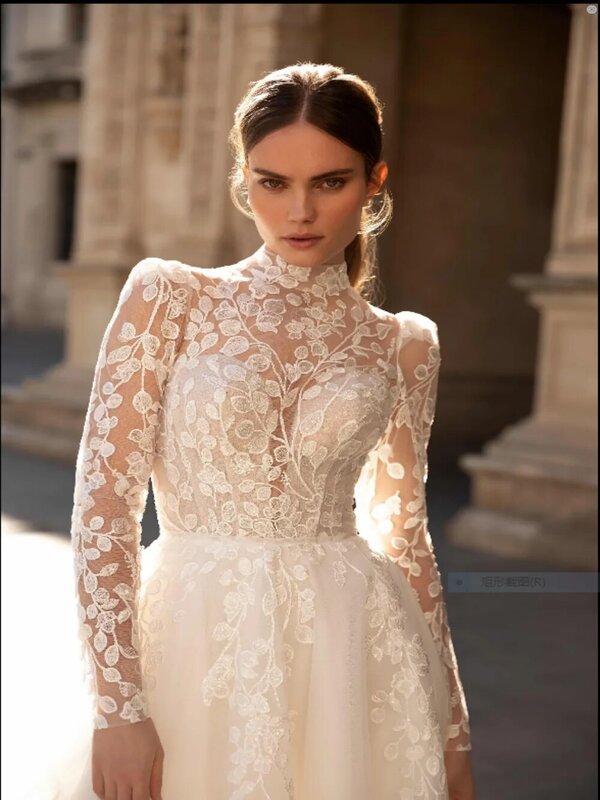 Gaun pernikahan kerah tinggi sederhana gaun applique renda klasik untuk pengantin elegan A-line gaun pengantin panjang jubah De mariee