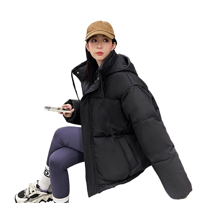 Long Sleeve Hooded Puffer for Women Zipper Up Padded Parkas Coat Winter Oversized Quilted Outwear with Pockets Dropship