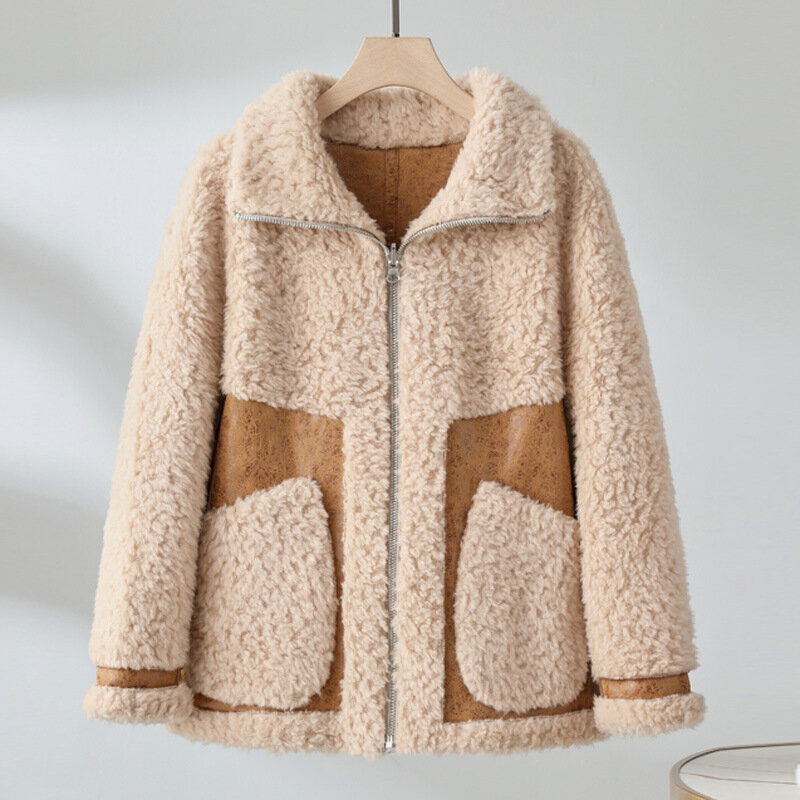 Mantel bulu wol penuh wol, mantel bulu domba terintegrasi gaya baru musim dingin dengan mantel bulu domba di kedua sisi