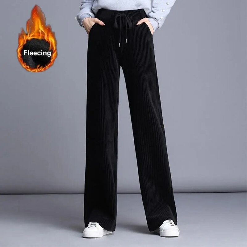 Women Pants Drawstring Elastic High Waist Wide Leg Loose Straight Solid Color Thick Plush Warm Pockets Soft Lady Long Trousers S