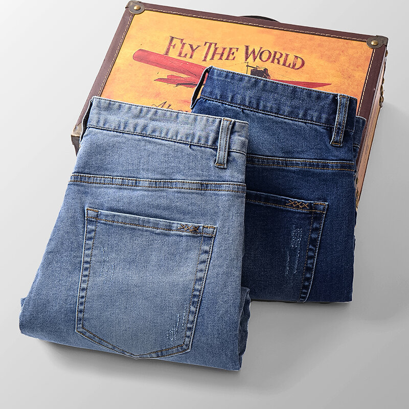 Pantalones vaqueros informales de negocios para hombre, Jeans rectos elásticos, sueltos, de alta calidad, de Color azul, para las cuatro estaciones