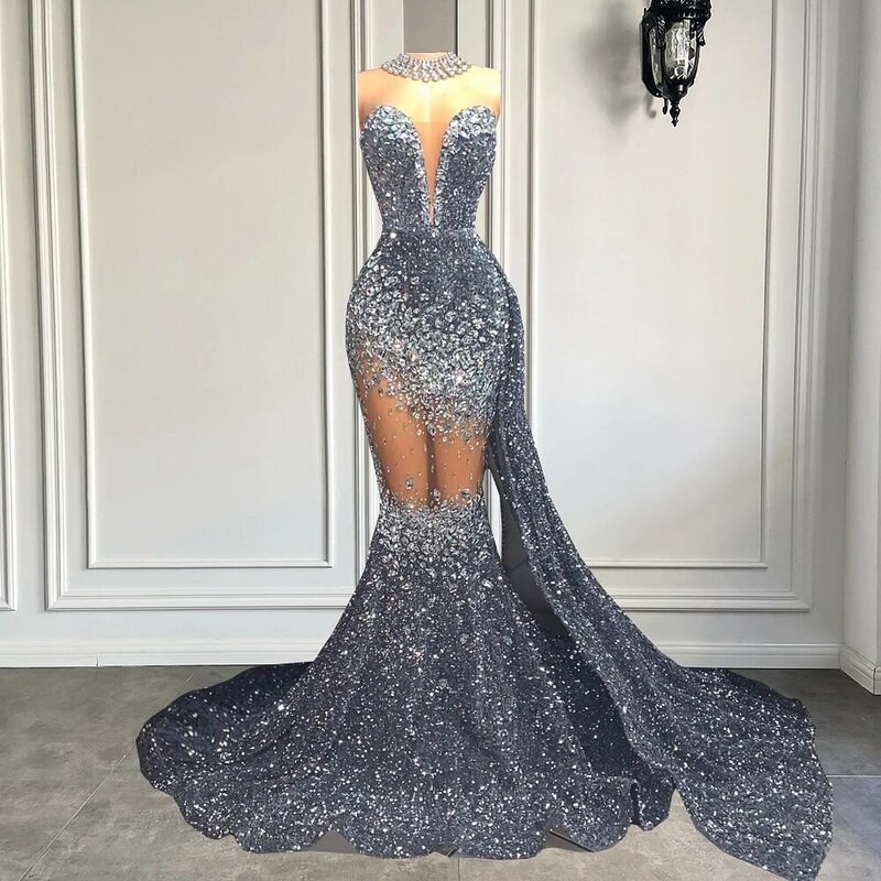 Lange Sparkly Prom Dresses 2023 Luxe Sexy See Through Mermaid Zilver Diamant Zwarte Meisjes Prom Gala Formele Jassen Met Side trein