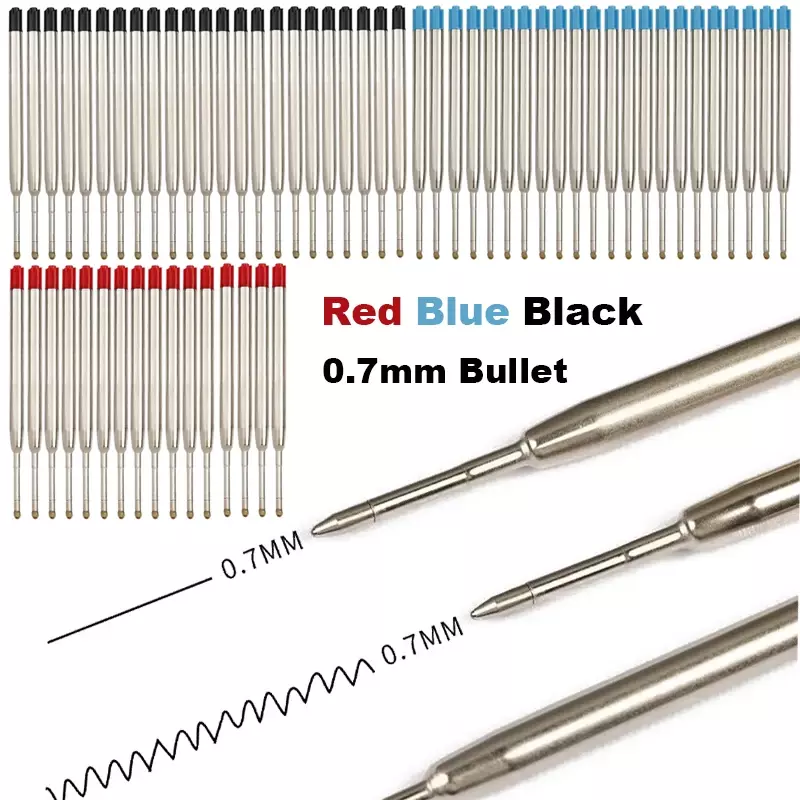 Recharge de stylo à bille pour stylos à pointe moyenne, tiges d'encre noires bleues et rouges, L:3.9 po, recharge en métal, papeterie d'écriture, 20 pièces, 10 pièces, 5 pièces