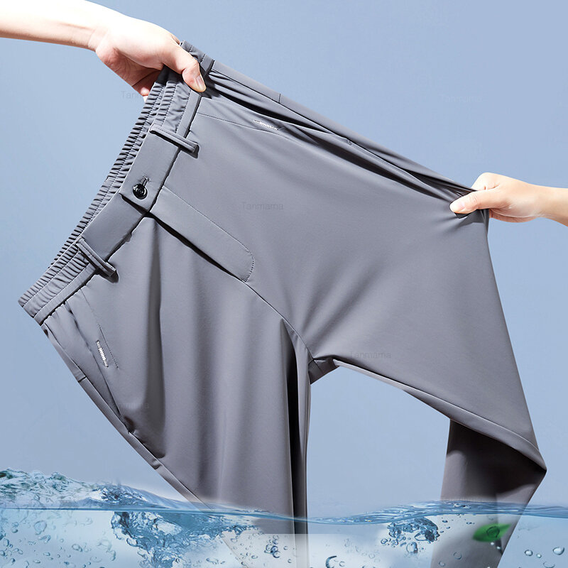 Pantalones informales elásticos ultrafinos para hombre, Pantalones rectos de seda de hielo de secado rápido, negocios, Color sólido, negro y gris, Verano